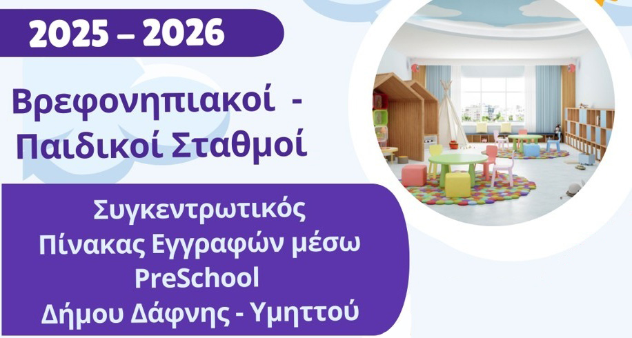 Αποτελέσματα εγγραφών και τοποθετήσεων βρεφών και νηπίων στους Σταθμούςτου Δήμου Δάφνης - Υμηττού μέσω PRESCHOOL