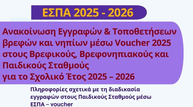 Αποτελέσματα εγγραφών και τοποθετήσεων βρεφών και νηπίων μέσω voucher 2025 στους Σταθμούς του Δήμου Δάφνης-Υμηττού