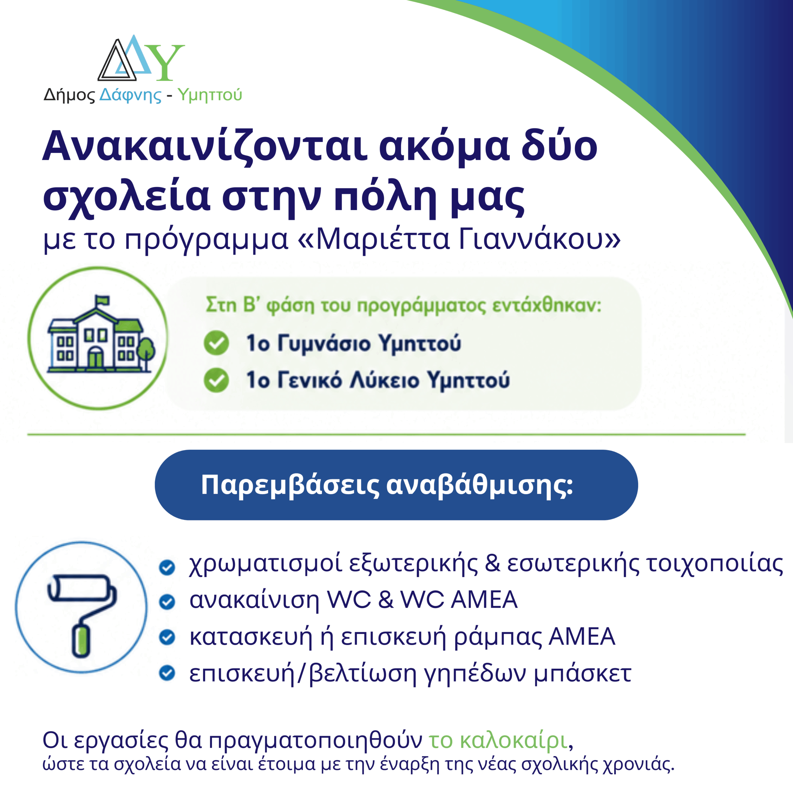  Αναβαθμίζονται το 1ο Γυμνάσιο και το 1ο ΓΕΛ Υμηττού μέσω της β΄ φάσης του προγράμματος «Μαριέττα Γιαννάκου»