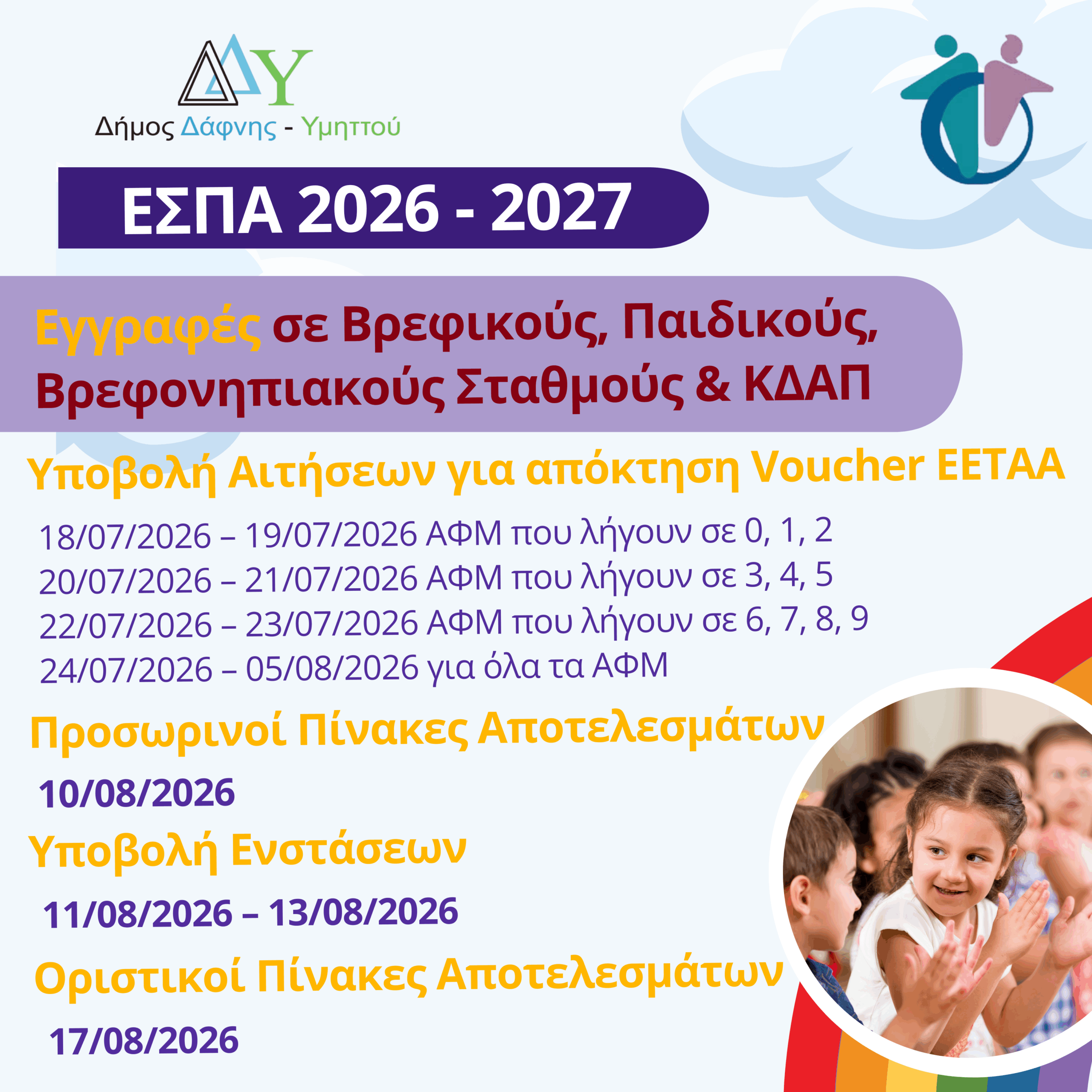 Εγγραφές ΕΣΠΑ σε Βρεφικούς, Παιδικούς, Βρεφονηπιακούς Σταθμούς & ΚΔΑΠ 2026 – 2027